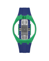 Dark Green case, 12 o'clock, Indigo Blue strap