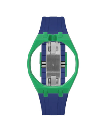Dark Green case, 12 o'clock, Indigo Blue strap