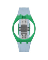 Dark Green case, 12 o'clock, Light Blue strap