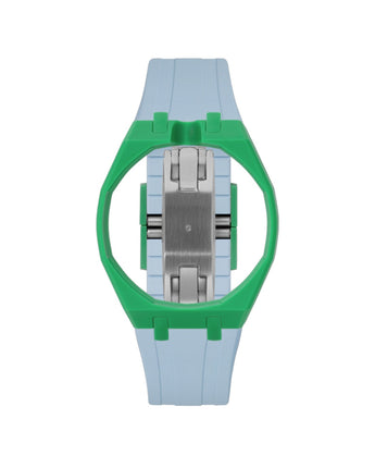 Dark Green case, 12 o'clock, Light Blue strap