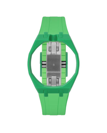 Dark Green case, 12 o'clock, Light Green strap
