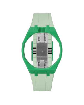 Dark Green case, 12 o'clock, Lime Green strap