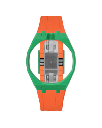 Dark Green case, 12 o'clock, Orange strap