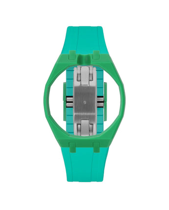 Dark Green case, 12 o'clock, Turquoise strap