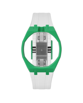 Dark Green case, 12 o'clock, White strap