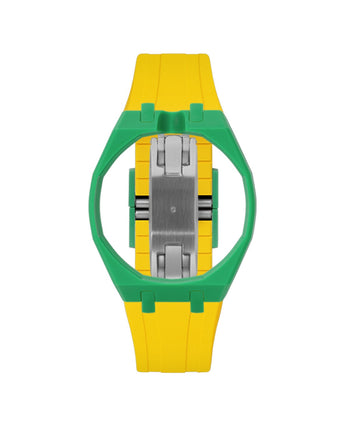 Dark Green case, 12 o'clock, Yellow strap