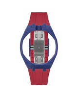 Indigo Blue case, 12 o'clock, Cherry Red strap