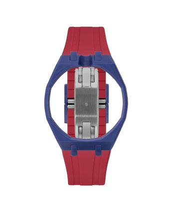 Indigo Blue case, 12 o'clock, Cherry Red strap