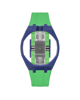 Indigo Blue case, 12 o'clock, Light Green strap