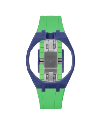 Indigo Blue case, 12 o'clock, Light Green strap