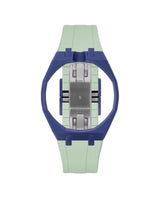 Indigo Blue case, 12 o'clock, Lime Green strap