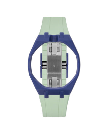Indigo Blue case, 12 o'clock, Lime Green strap