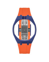 Indigo Blue case, 12 o'clock, Orange strap
