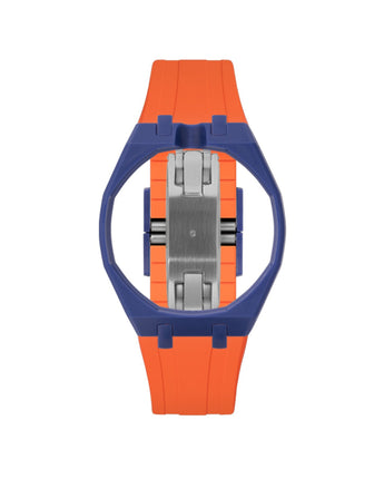 Indigo Blue case, 12 o'clock, Orange strap
