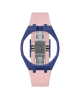 Indigo Blue case, 12 o'clock, Sakura Pink strap