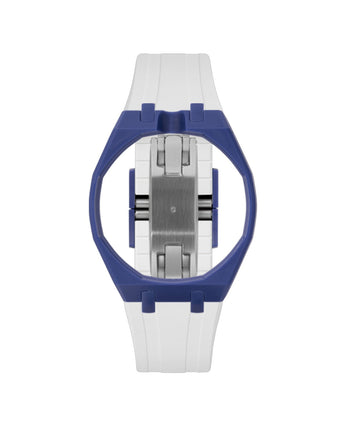 Indigo Blue case, 12 o'clock, White strap