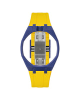 Indigo Blue case, 12 o'clock, Yellow strap