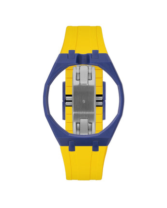 Indigo Blue case, 12 o'clock, Yellow strap