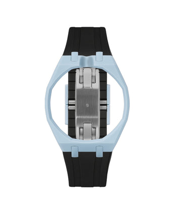 Light Blue case, 12 o'clock, Black strap