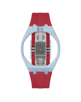 Light Blue case, 12 o'clock, Cherry Red strap