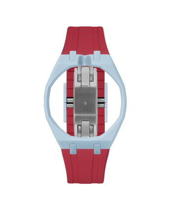 Light Blue case, 12 o'clock, Cherry Red strap