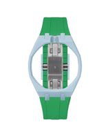 Light Blue case, 12 o'clock, Dark Green strap