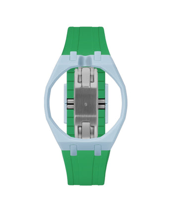 Light Blue case, 12 o'clock, Dark Green strap