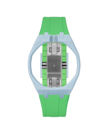 Light Blue case, 12 o'clock, Light Green strap