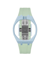 Light Blue case, 12 o'clock, Lime Green strap