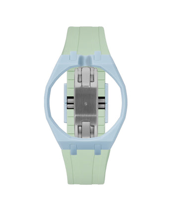 Light Blue case, 12 o'clock, Lime Green strap
