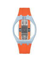 Light Blue case, 12 o'clock, Orange strap