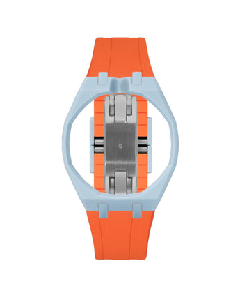Light Blue case, 12 o'clock, Orange strap