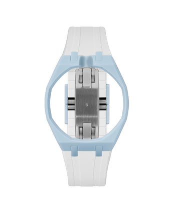 Light Blue case, 12 o'clock, White strap