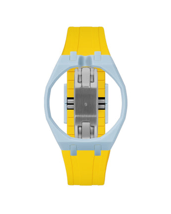Light Blue case, 12 o'clock, Yellow strap
