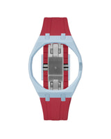 Light Blue case, 3 o'clock, Cherry Red strap