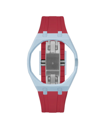 Light Blue case, 3 o'clock, Cherry Red strap