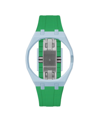 Light Blue case, 3 o'clock, Dark Green strap