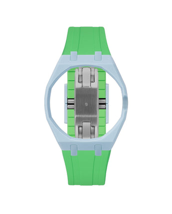 Light Blue case, 3 o'clock, Light Green strap
