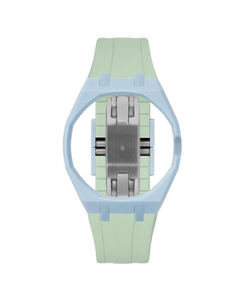 Light Blue case, 3 o'clock, Lime Green strap