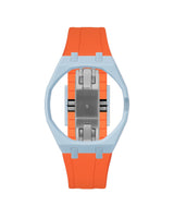 Light Blue case, 3 o'clock, Orange strap