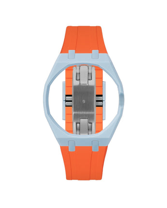 Light Blue case, 3 o'clock, Orange strap