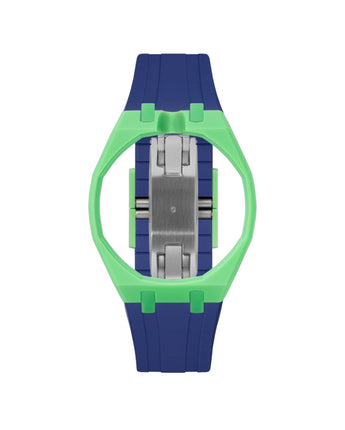 Light Green case, 12 o'clock, Indigo Blue strap