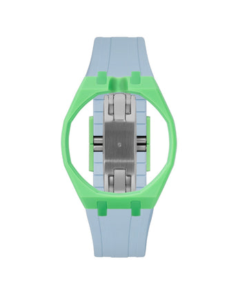 Light Green case, 12 o'clock, Light Blue strap