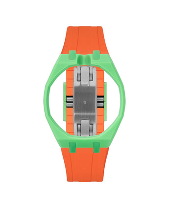 Light Green case, 12 o'clock, Orange strap