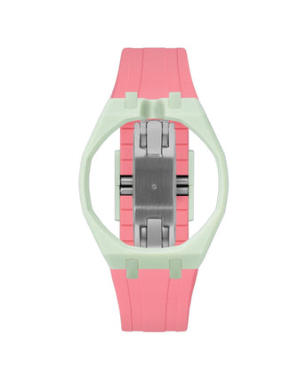 Lime Green case, 12 o'clock, Bubblegum Pink strap