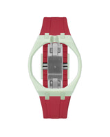 Lime Green case, 12 o'clock, Cherry Red strap