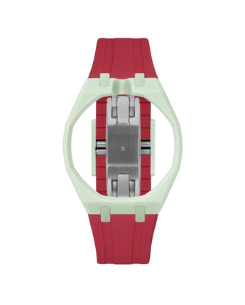 Lime Green case, 12 o'clock, Cherry Red strap