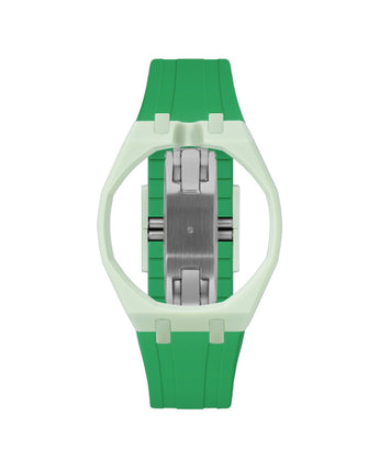 Lime Green case, 12 o'clock, Dark Green strap