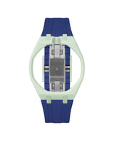 Lime Green case, 12 o'clock, Indigo Blue strap
