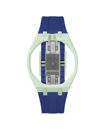 Lime Green case, 12 o'clock, Indigo Blue strap